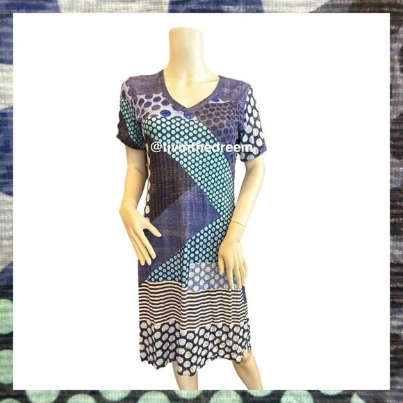 NWT David Cline V-Neck Short Sleeve T-Shirt Dress SZ Small Blue Dot $119 - Picture 10 of 16
